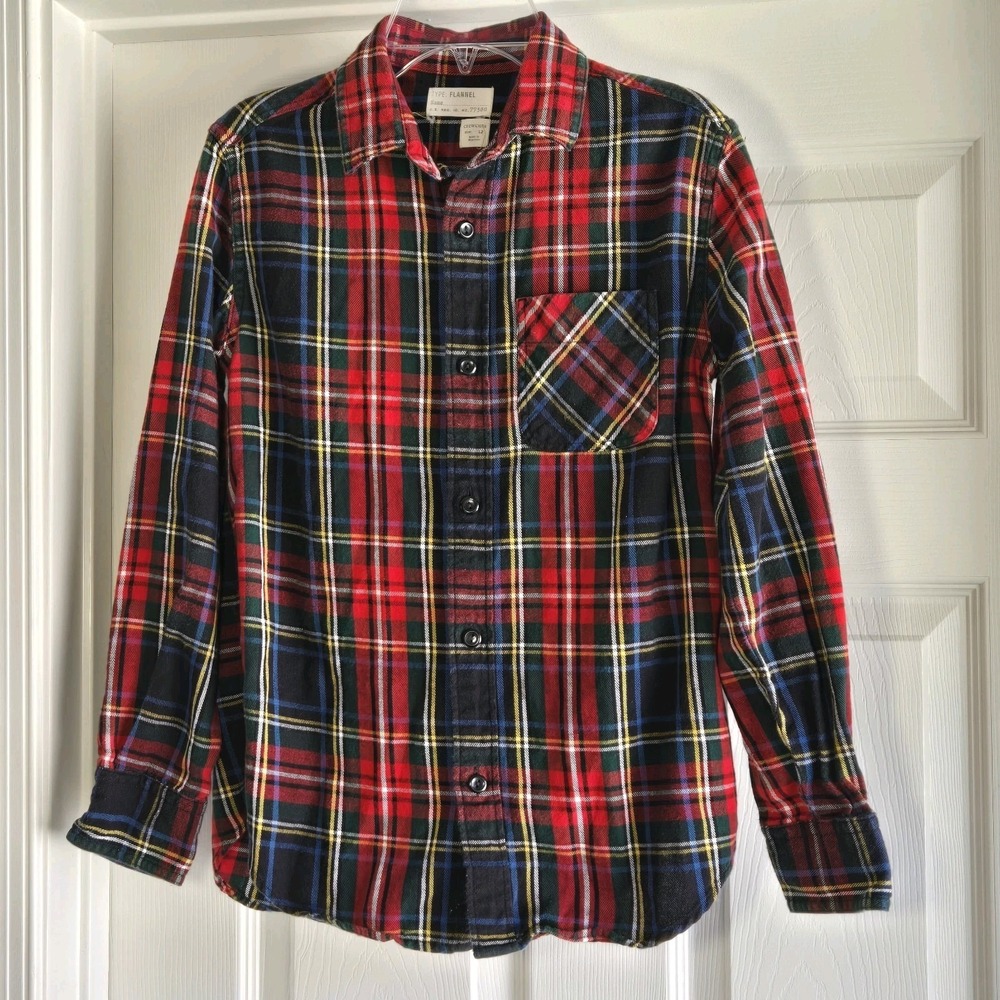 Crewcuts Holiday Flannel Plaid Button Down Shirt Boys Size 12 Red‎ Blue
